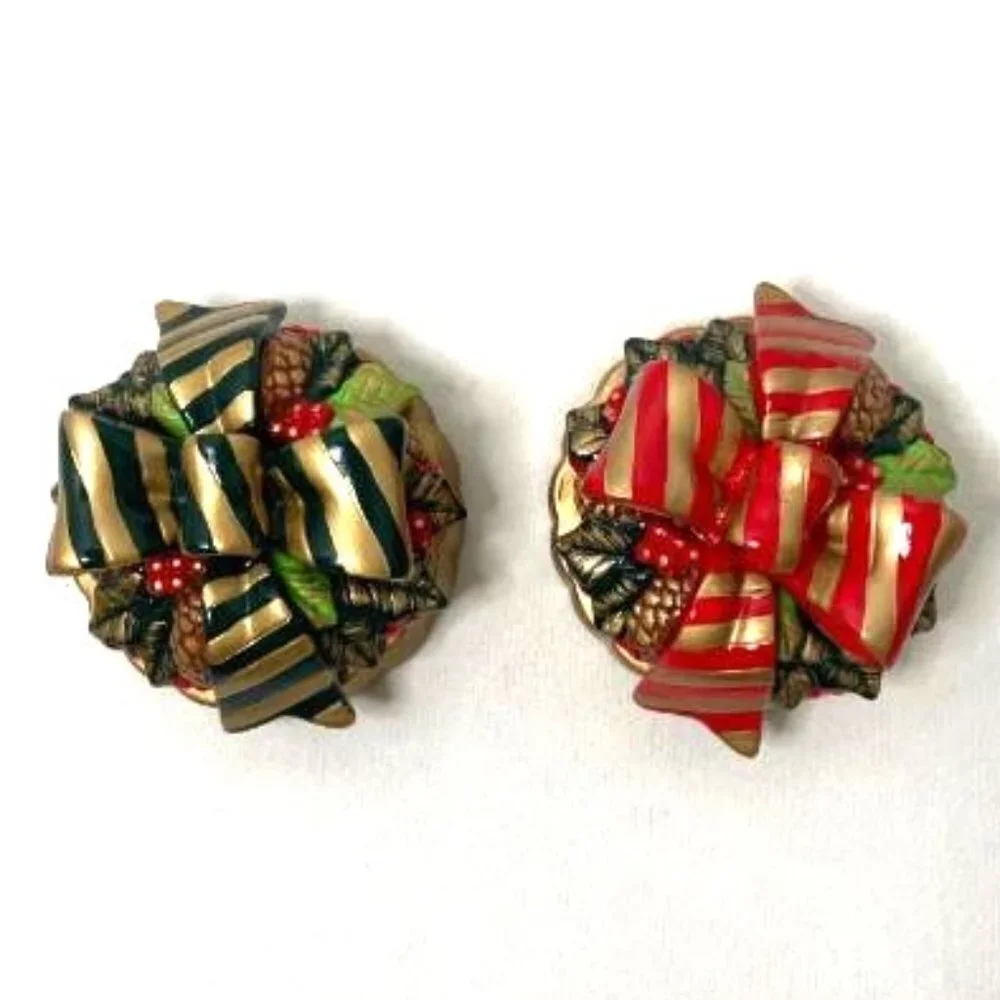 Empire Candle Ceramic Jar Toppers Lot of 2‎ Christmas Green & Red Holiday Decor